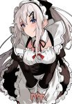  1girl 9a-91_(girls_frontline) alternate_costume aogisa apron blue_eyes blush breasts commentary_request corset frills girls_frontline hair_between_eyes hair_ornament highres long_hair long_sleeves maid maid_apron maid_dress maid_headdress neck_ribbon ribbon solo white_apron white_hair 