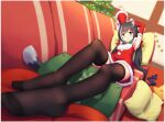  1girl animal_ears armpits arms_up bangs black_hair black_legwear blurry blurry_background blurry_foreground breasts cat_ears cat_tail christmas depth_of_field detached_sleeves fur_trim green_eyes highres indoors karyl_(princess_connect!) langbazi long_hair looking_at_viewer low_twintails lying multicolored_hair panties princess_connect! santa_dress small_breasts solo streaked_hair striped striped_panties tail thigh-highs twintails underwear 