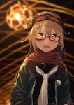  1girl bangs black_serafuku blew_andwhite blurry blurry_background blush brown_eyes crescent eyebrows_visible_through_hair glasses hat highres jacket kantai_collection long_hair long_sleeves mochizuki_(kantai_collection) neckerchief open_mouth red-framed_eyewear red_scarf sailor_collar scarf school_uniform serafuku signature solo upper_body white_neckwear 