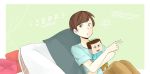  1boy brown_hair clarence closed_mouth cosplay cowboy_shot doll english_text holding jeff_randell jeff_randell_(cosplay) kamacchi looking_at_viewer open_mouth pillow simple_background sitting smile solo teeth text 
