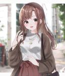  1girl :d absurdres bag blurry blurry_background blush bracelet braid brown_eyes brown_hair brown_jacket day earrings hand_up handbag highres jacket jewelry looking_at_viewer masyu_jyaga necklace open_mouth original outdoors ribbed_shirt ring shirt smile upper_body white_shirt 