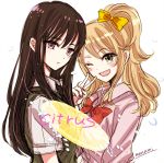 2girls ;d aihara_mei aihara_yuzu black_hair black_neckwear blonde_hair blush bow bowtie citrus_(saburouta) collared_shirt commentary_request copyright_name eyebrows_visible_through_hair green_eyes hair_between_eyes long_hair looking_at_viewer multiple_girls nail_polish necktie one_eye_closed open_mouth pink_shirt red_bow red_nails red_neckwear school_uniform shirt signature sketch smile step-siblings sugano_manami sweater_vest upper_body v violet_eyes white_background white_shirt yellow_bow yuzu_(fruit)