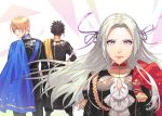  1girl 2boys absurdres bangs black_hair black_jacket black_pants blonde_hair blue_cape blue_eyes cape claude_von_riegan closed_mouth dimitri_alexandre_blaiddyd edelgard_von_hresvelg fire_emblem fire_emblem:_three_houses floating_hair hair_between_eyes hair_ribbon highres huge_filesize jacket long_hair long_sleeves looking_at_viewer multiple_boys pants purple_ribbon red_cape ribbon shiyo_(jkke5275) silver_hair standing uniform upper_body very_long_hair violet_eyes yellow_cape 