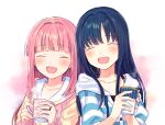  2girls argyle bangs blue_hair blunt_bangs blush buttons closed_eyes coffee_mug collarbone crescent_print cup dot_nose drink eyebrows_visible_through_hair facing_viewer fingernails floral_print fuji_fujino furrowed_brow gradient gradient_background hair_down hands_up happy heads_together holding holding_cup hood hood_down hooded_jacket jacket jewelry laughing magia_record:_mahou_shoujo_madoka_magica_gaiden mahou_shoujo_madoka_magica mug multicolored_background multiple_girls nanami_yachiyo open_mouth partially_unbuttoned pink_hair polka_dot puffy_sleeves ring side-by-side sidelocks simple_background sleepwear spaghetti_strap sparkle_print steam striped striped_jacket tamaki_iroha tank_top upper_body white_background 