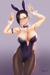  1girl animal_ears arm_strap asymmetrical_hair black_hair black_legwear blush boku_no_hero_academia breasts bunnysuit covered_navel cowboy_shot detached_collar double_v easonx fake_animal_ears glasses gradient gradient_background highres jirou_mika large_breasts leotard looking_at_viewer pantyhose purple_leotard rabbit_ears smile solo strapless strapless_leotard v violet_eyes wrist_cuffs 