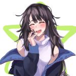  1girl blue_jacket blush brown_hair c-ms_(girls_frontline) closed_eyes girls_frontline hand_in_hair jacket jacket_on_shoulders laughing lips long_hair mmm_(ji1945) open_mouth shirt simple_background solo white_shirt 