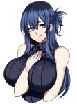  1girl absurdres between_breasts blue_eyes blue_hair breasts camui_kamui dark_blue_hair hand_between_breasts highres large_breasts long_hair looking_to_the_side original ribbed_sweater sidelocks simple_background sleeveless sleeveless_sweater smile sweater tied_hair upper_body white_background 