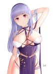  1girl absurdres artist_name azur_lane breasts dido_(anxious_bisque_doll)_(azur_lane) dido_(azur_lane) dress dress_straps hairband hand_in_hair highres kep_(ahokep) large_breasts long_hair looking_at_viewer purple_dress purple_hair solo thigh_strap thighs violet_eyes white_background 