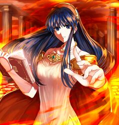  1girl ahoge bangs blue_eyes blue_hair book breasts closed_mouth collarbone delsaber dress fire fire_emblem fire_emblem:_the_binding_blade floating_hair hair_between_eyes holding lilina_(fire_emblem) long_hair looking_at_viewer medium_breasts older open_book outdoors shiny shiny_hair side_slit sleeveless sleeveless_dress solo upper_body very_long_hair white_dress 