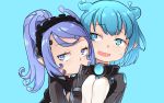  2girls aoi_tsunami bangs black_gloves black_hairband blue_background blue_eyes blue_hair commentary_request covered_mouth eyebrows_visible_through_hair frilled_hairband frills gloves hairband high_collar high_ponytail jacket long_hair long_sleeves looking_at_viewer multiple_girls open_mouth original pointy_ears ponytail purple_hair simple_background sweat upper_body violet_eyes white_jacket 