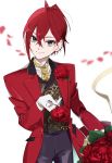  1boy ahoge aosuki88 blue_eyes bouquet flower formal gloves jacket looking_at_viewer male_focus necktie red_eyes red_flower red_rose redhead riddle_rosehearts rose short_hair simple_background smile suit twisted_wonderland white_gloves 