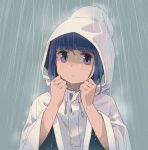  1girl bangs blue_hair closed_mouth commentary_request drawstring eyebrows_visible_through_hair highres hood hood_up long_sleeves looking_at_viewer minawa outdoors rain raincoat shaded_face shima_rin short_hair solo upper_body violet_eyes water water_drop wide_sleeves yurucamp 