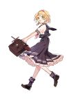  1girl bag blonde_hair blouse blush bobby_socks bow commentary_request cunonn djeeta_(granblue_fantasy) frilled_skirt frills full_body granblue_fantasy hairband holding holding_bag loafers looking_at_viewer looking_to_the_side open_mouth pink_bow pink_neckwear pleated_skirt puffy_short_sleeves puffy_sleeves sailor_collar school_bag school_uniform serafuku sheath sheathed shoes short_hair short_sleeves skirt smile socks solo sword weapon white_background 