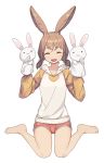  1girl :d ^_^ animal_ears bare_legs barefoot brown_hair closed_eyes commentary eyebrows_visible_through_hair fang full_body hand_puppet hands_up hood hood_down hoodie long_sleeves low_twintails medium_hair open_mouth original puppet rabbit_ears red_shorts saiste short_shorts shorts simple_background sitting skin_fang smile solo symbol_commentary twintails wariza white_background 