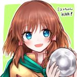  1girl 504723f :d bangs blue_eyes blush brown_hair eyebrows_visible_through_hair fire_emblem fire_emblem:_path_of_radiance green_background hair_between_eyes hair_tubes holding long_hair looking_at_viewer mist_(fire_emblem) open_mouth portrait shiny shiny_hair sketch smile solo two-tone_background white_background 