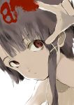  1girl asymmetrical_hair bangs blood blunt_bangs brown_hair camisole collarbone ear eyebrows_behind_hair hair_ornament highres inward_v iwakura_lain looking_to_the_side luv open_mouth red_eyes serial_experiments_lain solo spaghetti_strap white_background x_hair_ornament 