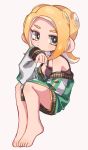  1girl barefoot black_shirt black_shorts blonde_hair camisole chin_rest closed_mouth dolphin_shorts elbow_on_knee green_jacket grey_background grey_eyes invisible_chair jacket letterman_jacket light_frown long_sleeves looking_at_viewer maco_spl medium_hair octoling off_shoulder partially_unzipped pointy_ears shirt shorts simple_background sitting solo splatoon_(series) suction_cups tentacle_hair 