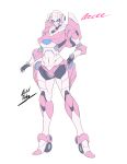  1girl absurdres arcee autobot axelnekokitty blue_eyes character_name english_commentary hand_on_hip highres looking_at_viewer no_humans redesign standing transformers white_background 