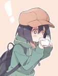  +_+ 1girl backpack bag baozi black_hair blush cabbie_hat eating food from_side hat highres hood hoodie nirareba original short_hair upper_body v-shaped_eyebrows 