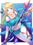  1girl blonde_hair brown_gloves fingerless_gloves fire_emblem fire_emblem:_three_houses fire_emblem_heroes fish flower gloves green_eyes hair_flower hair_ornament holding ingrid_brandl_galatea long_hair midriff open_mouth pimi_(ringsea21) polearm solo swimsuit weapon 