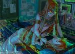  2girls bed bracelet brown_hair closed_eyes computer dress dual_persona egyptian_clothes glasses glowing glowing_eyes highres hologram jack_frost jewelry long_hair looking_at_viewer multiple_girls parted_lips persona persona_5 reveriesky room sakura_futaba sarcophagus shadow_futaba sleeping tears tiara very_long_hair yellow_eyes 