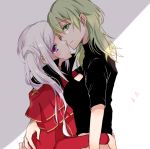  2girls arms_around_waist bangs black_shirt byleth_(fire_emblem) byleth_eisner_(female) capelet closed_mouth dress edelgard_von_hresvelg fire_emblem fire_emblem:_three_houses green_eyes green_hair grey_background head_tilt hug imminent_kiss long_hair long_sleeves midriff multiple_girls red_capelet red_dress shirt short_sleeves side_ponytail silver_hair sketch smile swept_bangs toujirou two-tone_background upper_body violet_eyes white_background yuri 