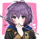  1girl 504723f arrow_(projectile) bangs bernadetta_von_varley black_eyes eyebrows_visible_through_hair fire_emblem fire_emblem:_three_houses hair_between_eyes highres holding_arrow looking_at_viewer pink_background portrait purple_hair shiny shiny_hair short_hair solo sweatdrop two-tone_background white_background 
