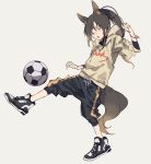  1boy animal_ears ball bangs blue_eyes facial_mark food fox_boy fox_ears fox_tail full_body hagi_(mabinogi) heterochromia high_tops highres holding holding_food hood hoodie long_hair mabinogi male_focus otoko_no_ko otuming shoes shorts sneakers soccer_ball tail telstar 