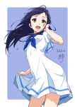  1girl adjusting_clothes adjusting_hair blue_hair blue_neckwear brown_eyes dated dress hand_up highres long_hair looking_at_viewer nii_manabu open_mouth original sailor_collar sailor_dress school_uniform short_sleeves signature simple_background smile solo white_dress 