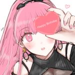  1girl 504723f bangs blush earrings eyebrows_visible_through_hair fire_emblem fire_emblem:_three_houses hair_ornament happy_birthday heart highres hilda_valentine_goneril holding jewelry long_hair looking_at_viewer nail_polish open_mouth pink_eyes pink_hair pink_nails ponytail portrait shiny shiny_hair signature simple_background sketch solo white_background 