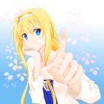  1girl alice_schuberg bangs blonde_hair blue_background blue_eyes blurry_foreground gradient gradient_background hair_between_eyes hair_intakes hairband head_rest long_hair long_sleeves no-ppo parted_lips shirt sidelocks solo sword_art_online upper_body very_long_hair white_background white_hairband white_shirt 