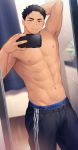  1boy abs armpits bara black_hair blush casual chest grey_eyes hand_behind_head haozz highres looking_at_viewer male_focus male_underwear mirror muscle navel nipples original pants phone photo solo track_pants underwear upper_body 