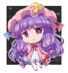  1girl artist_name bangs blue_ribbon chibi commentary_request crescent crescent_moon_pin dress eyebrows_visible_through_hair full_body grey_background hair_ribbon hand_up hat hat_ornament heart heart_background long_hair long_sleeves looking_at_viewer mob_cap noai_nioshi parted_lips patchouli_knowledge pink_dress pink_headwear purple_hair red_ribbon ribbon sleeves_past_wrists solo star_(symbol) star_hat_ornament striped thigh-highs touhou two-tone_background vertical-striped_dress vertical_stripes very_long_hair violet_eyes white_background white_legwear wide_sleeves 