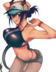  1girl absurdres arched_back arknights armpits arms_up bangs baseball_cap bikini bikini_under_clothes black_bikini black_hair bracelet breasts brown_eyes ch&#039;en_(arknights) cowboy_shot dragon_girl dragon_horns dragon_tail grey_shorts hand_on_own_head hat heart highres horns huge_breasts jewelry kojima_(blue_stardust) leaning_forward looking_at_viewer micro_shorts navel open_fly open_mouth short_hair shorts simple_background smile solo standing string_bikini swimsuit tail tied_hair white_background white_headwear 