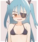  1girl bikini bikini_top black_eyepatch blush breasts fang flying_sweatdrops last_origin long_hair looking_at_viewer lrl luke_(dydansgur) print_eyepatch skin_fang small_breasts smile solo sweatdrop swimsuit twintails two_side_up yellow_eyes 