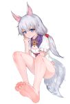  1girl absurdres animal_ear_fluff animal_ears bangs barefoot blue_eyes blush commentary_request dokomon eyebrows_visible_through_hair feet fox_ears fox_girl fox_tail full_body hair_between_eyes highres honkai_(series) honkai_impact_3rd kemonomimi_mode korean_commentary long_hair looking_at_viewer low_twintails no_pants panties parted_lips puffy_short_sleeves puffy_sleeves shirt short_sleeves silver_hair simple_background sitting smile solo tail theresa_apocalypse toes twintails underwear very_long_hair white_background white_panties white_shirt 