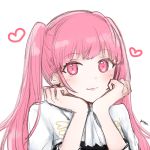  1girl 504723f bangs blush closed_mouth eyebrows_visible_through_hair fire_emblem fire_emblem:_three_houses head_rest heart highres hilda_valentine_goneril long_hair pink_eyes pink_hair portrait shiny shiny_hair shirt signature simple_background sketch solo white_background white_shirt 