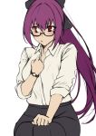  1girl bangs black_bow black_shirt blush bow breasts closed_mouth collared_shirt dress_shirt fate/grand_order fate_(series) glasses hair_between_eyes hair_bow highres hiro_(hirohiro_gorira) large_breasts long_hair long_sleeves looking_to_the_side ponytail purple_hair red_eyes scathach_(fate)_(all) scathach_skadi_(fate/grand_order) shirt simple_background sitting sleeves_rolled_up watch watch white_shirt 
