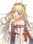  1girl absurdres bangs bare_shoulders blonde_hair blush breasts cagliostro_(granblue_fantasy) collarbone dress finger_to_chin granblue_fantasy highres long_hair looking_at_viewer nezuko off-shoulder_dress off_shoulder open_mouth simple_background small_breasts smile tiara very_long_hair violet_eyes white_dress 