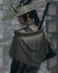  1girl black_hair black_horns earrings from_behind glowing guweiz hat highres horns horns_through_headwear jewelry long_hair looking_at_viewer looking_back original ponytail profile rain solo sword sword_behind_back sword_on_back upper_body weapon 