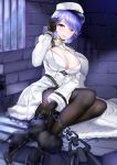  1girl absurdres arm_up azur_lane black_gloves blue_eyes blue_hair blush breasts chain chapayev_(azur_lane) coat_dress eyebrows_visible_through_hair gloves hair_ornament hairclip hat highres holding_chain jacket large_breasts looking_at_viewer military_hat mole mole_on_breast open_mouth pantyhose peaked_cap prison short_hair sitting smile solo sorayo_noriyuki white_headwear white_jacket window 
