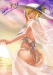  1girl absurdres artoria_pendragon_(all) artoria_pendragon_(swimsuit_ruler)_(fate) ass back bangs bare_shoulders blonde_hair braid breasts dated fate/grand_order fate_(series) french_braid gradient_sky green_eyes hair_between_eyes hat highleg highleg_swimsuit highres large_breasts long_hair looking_back love-saber ocean one-piece_swimsuit open_mouth orange_sky sidelocks sky sun_hat sunset swimsuit thighs white_headwear white_swimsuit 