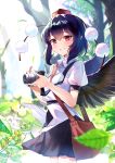  1girl :d bag bangs black_hair black_skirt black_wings blurry_foreground blush camera collared_shirt commentary_request day dew_drop dress_shirt emerane eyebrows_visible_through_hair feathered_wings hat holding holding_camera leaf looking_at_viewer miniskirt open_mouth outdoors pleated_skirt pointy_ears pom_pom_(clothes) puffy_short_sleeves puffy_sleeves red_eyes red_headwear shameimaru_aya shirt short_hair short_sleeves shoulder_bag skirt smile solo sunlight tokin_hat touhou tree water_drop white_shirt wing_collar wings 