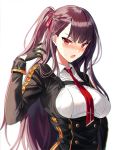  1girl black_gloves black_jacket blush bow braid breasts brown_hair collared_shirt girls_frontline gloves hair_bow hand_up jacket long_hair long_sleeves looking_at_viewer medium_breasts nose_blush one_side_up open_mouth red_bow red_eyes red_neckwear shirt silence_girl simple_background solo striped striped_shirt upper_body vertical-striped_shirt vertical_stripes very_long_hair wa2000_(girls_frontline) white_background white_shirt 