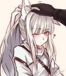  1girl ? absurdres animal_ear_fluff animal_ears arknights blush cloak eyebrows_visible_through_hair highres horse_ears horse_girl long_hair one_eye_closed petting platinum_(arknights) shtooru simple_background solo white_background white_cloak 