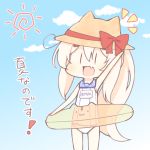  1girl :d animal_ears animal_hat arm_up armpits ayanami_(azur_lane) azur_lane bangs bare_arms bare_shoulders blue_sailor_collar blue_sky bow brown_headwear chibi clouds day fake_animal_ears hair_between_eyes hat hat_bow innertube innertube_with_ears light_brown_hair long_hair name_tag notice_lines old_school_swimsuit one-piece_swimsuit open_mouth outdoors ponytail red_bow sailor_collar sakurato_ototo_shizuku school_swimsuit sky smile solo sun_(symbol) sun_hat swimsuit translation_request transparent very_long_hair white_swimsuit 