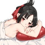  1girl absurdres artist_name bangs bare_arms bare_shoulders bed_sheet black_hair blush camisole commentary_request eyebrows_visible_through_hair folded_ponytail from_side hair_ribbon highres kaguya-sama_wa_kokurasetai_~tensai-tachi_no_renai_zunousen~ looking_at_viewer looking_to_the_side lying on_stomach parted_bangs pillow red_eyes red_ribbon ribbon shinomiya_kaguya short_hair signature simple_background sleeveless solo upper_body vierzeck white_background 
