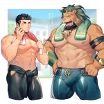  2boys animal_ears arsalan_(tokyo_houkago_summoners) bara beard black_hair blush bodysuit bulge chest closed_mouth couple facial_hair furry hands_on_hips hozunomi male_focus manly multiple_boys muscle open_mouth pectorals pelvic_curtain red_eyes simple_background sky smile stubble thigh_cutout tight tokyo_houkago_summoners towel translation_request upper_body yellow_eyes zabaniya_(tokyo_houkago_summoners) 