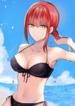  1girl alternate_costume bare_shoulders beach bikini black_bikini blue_sky bra breasts chainsaw_man clouds collarbone day eyebrows_visible_through_hair fefah2qtlaxuhuc hand_in_hair highres light_smile looking_at_viewer makima_(chainsaw_man) medium_breasts navel ocean redhead ringed_eyes sand sky smile solo solo_focus swimsuit underwear water 