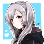  1girl 504723f bangs blue_background blush brown_eyes closed_mouth fire_emblem fire_emblem_awakening heart highres long_hair portrait robin_(fire_emblem) robin_(fire_emblem)_(female) shiny shiny_hair signature silver_hair sketch smile solo swept_bangs twintails two-tone_background white_background 
